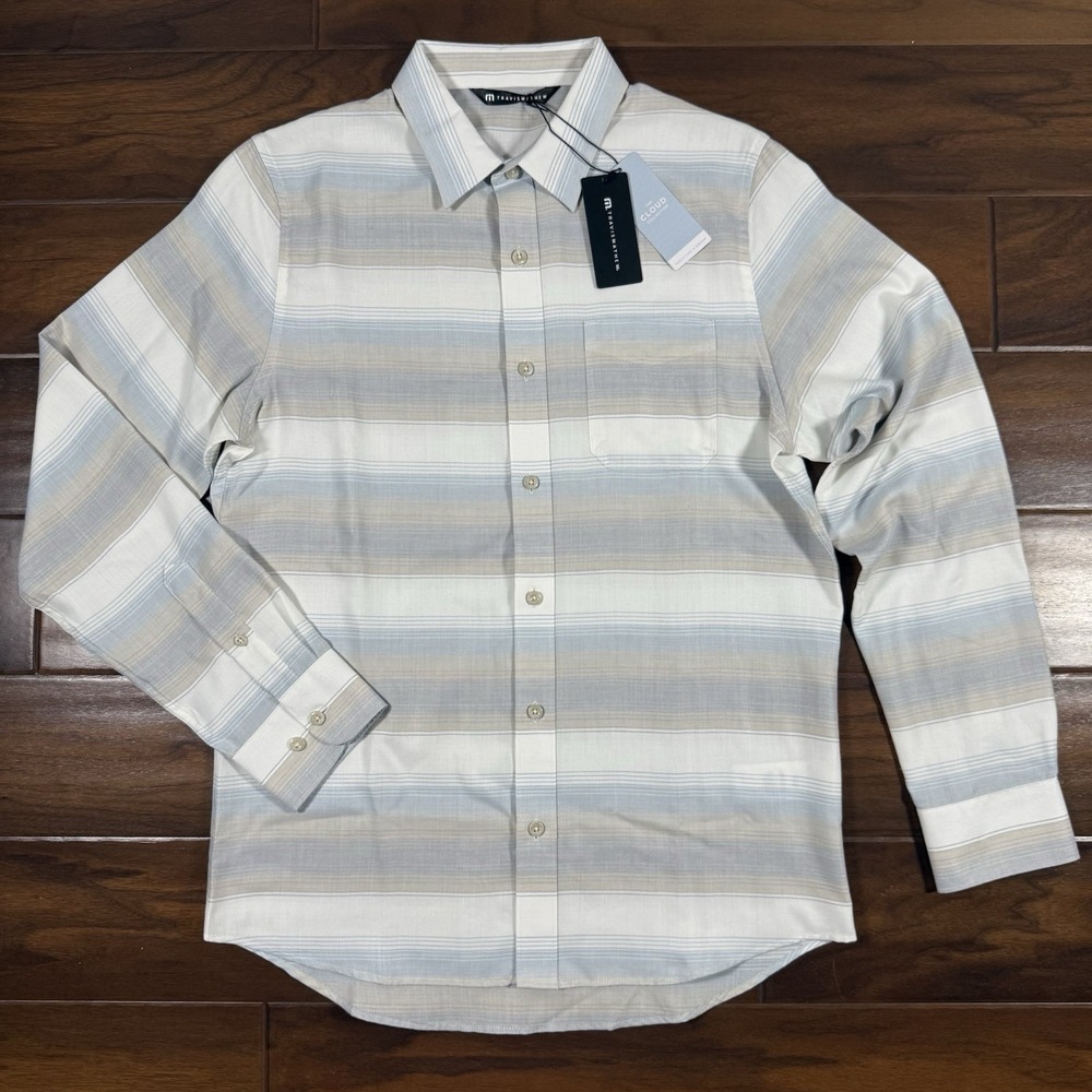 Travis Mathew Men's Size Small Blue Tan Striped Cloud‎ Flannel Button Down Shirt